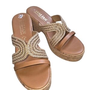 Italian Shoemakers Gold and Tan Wedge Sandals NWOT Size 9